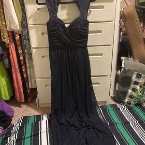 Xscape Navy Blue Off The Shoulder Scuba Crepe Gown Dress